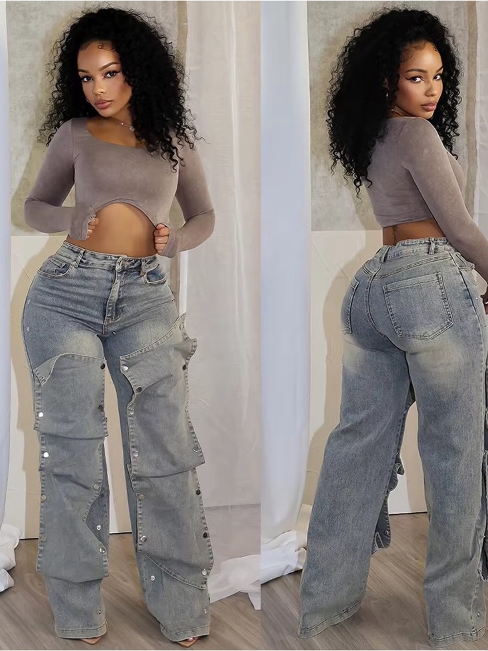 High-Waist Gray Distressed Wide-Leg Jeans for Women